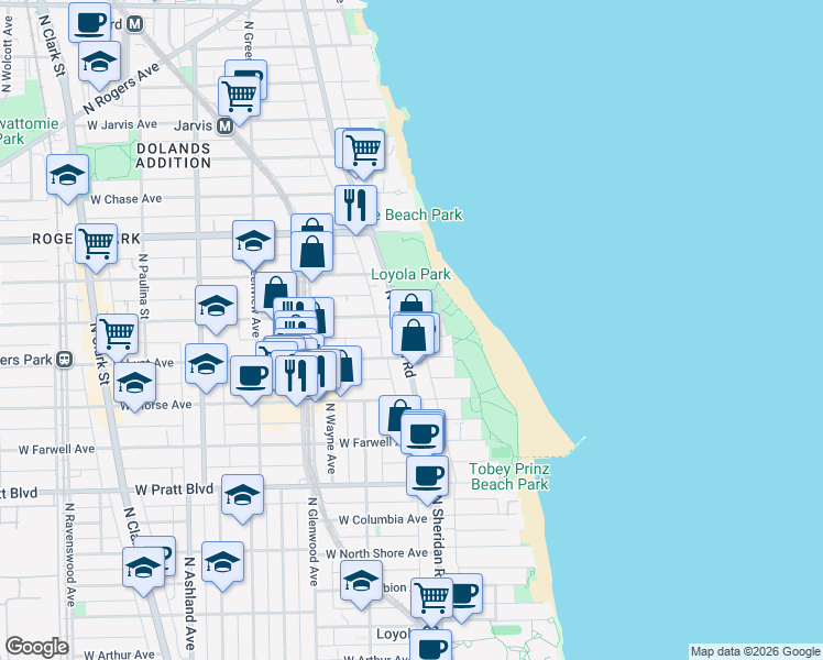 map of restaurants, bars, coffee shops, grocery stores, and more near 1230 West Greenleaf Avenue in Chicago