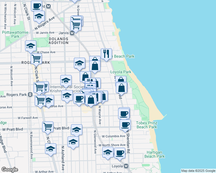 map of restaurants, bars, coffee shops, grocery stores, and more near 1350 West Greenleaf Avenue in Chicago
