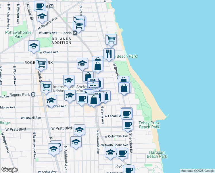map of restaurants, bars, coffee shops, grocery stores, and more near 1350 West Greenleaf Avenue in Chicago