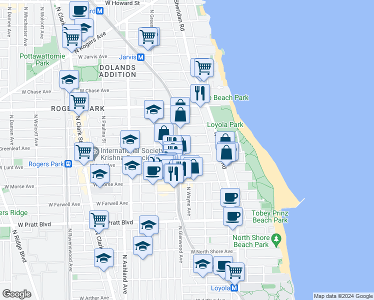 map of restaurants, bars, coffee shops, grocery stores, and more near 1350 West Greenleaf Avenue in Chicago