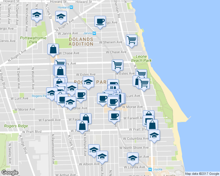 map of restaurants, bars, coffee shops, grocery stores, and more near 7059 North Greenview Avenue in Chicago