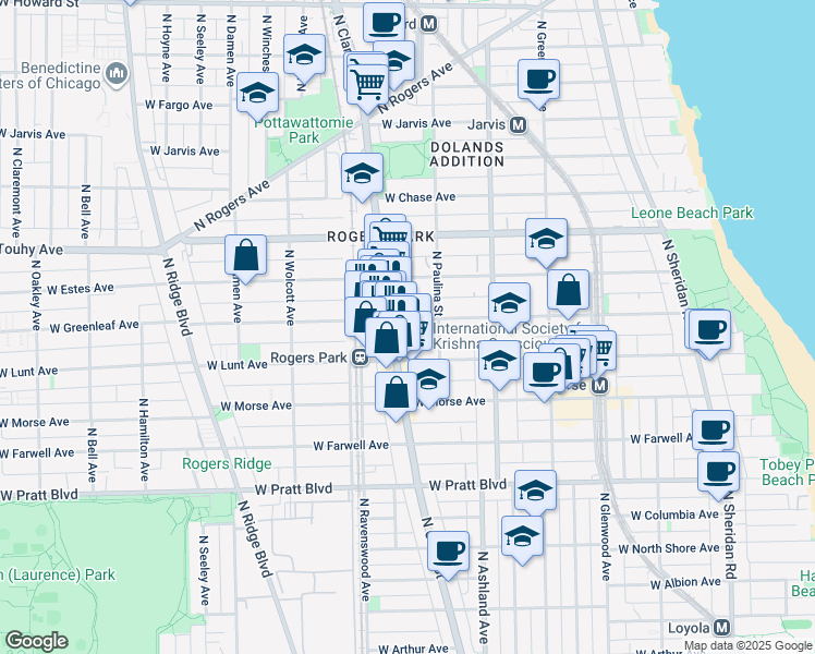 map of restaurants, bars, coffee shops, grocery stores, and more near 1730 West Greenleaf Avenue in Chicago