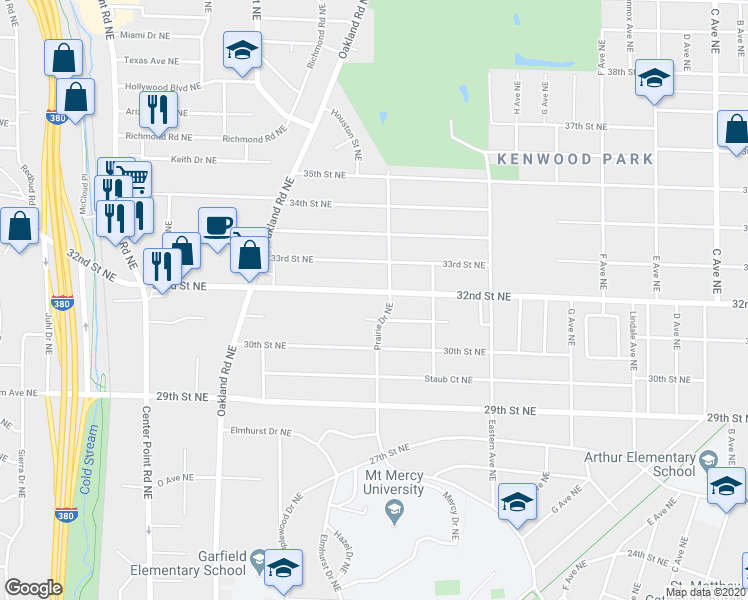 map of restaurants, bars, coffee shops, grocery stores, and more near 1210 32nd Street Northeast in Cedar Rapids