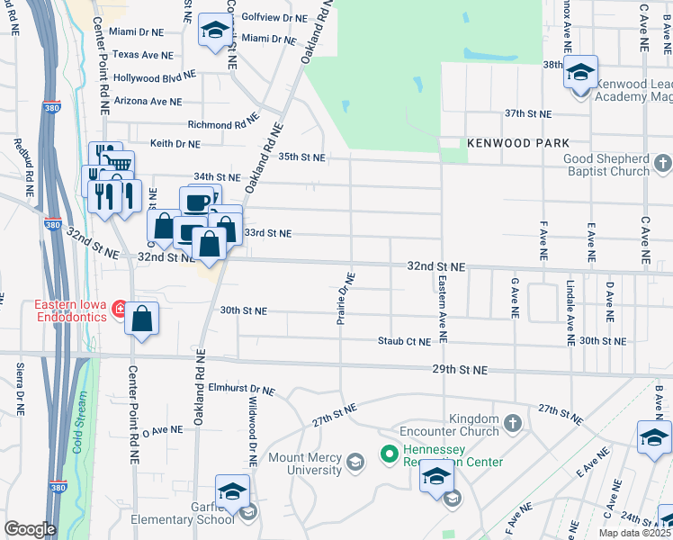 map of restaurants, bars, coffee shops, grocery stores, and more near 1210 32nd Street Northeast in Cedar Rapids