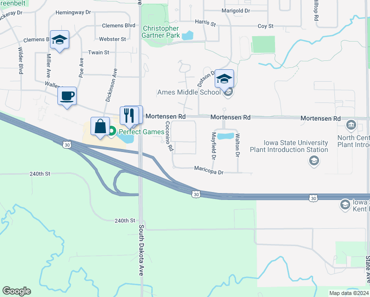 map of restaurants, bars, coffee shops, grocery stores, and more near 1320 Coconino Road in Ames