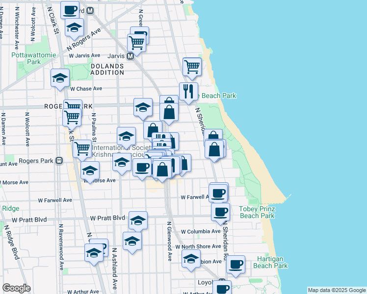 map of restaurants, bars, coffee shops, grocery stores, and more near 1350 West Greenleaf Avenue in Chicago