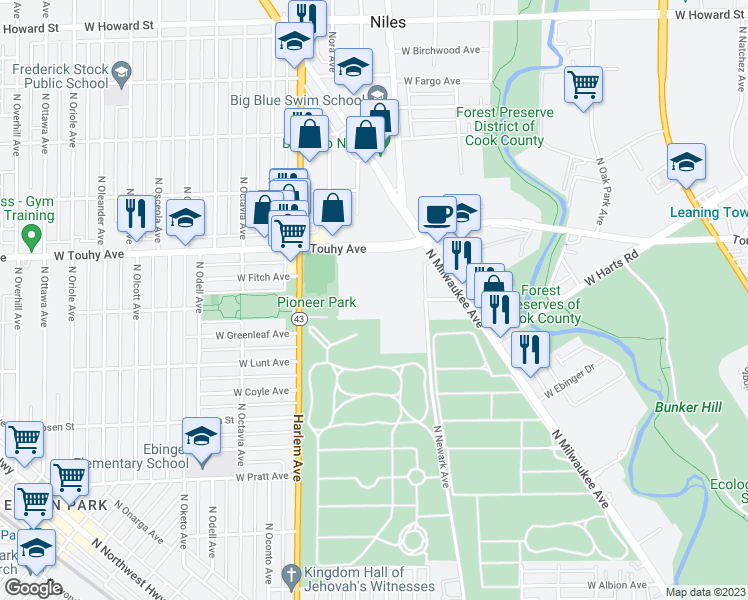 map of restaurants, bars, coffee shops, grocery stores, and more near 7025 West Touhy Avenue in Niles