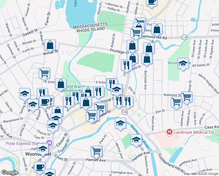 map of restaurants, bars, coffee shops, grocery stores, and more near 501 East School Street in Woonsocket