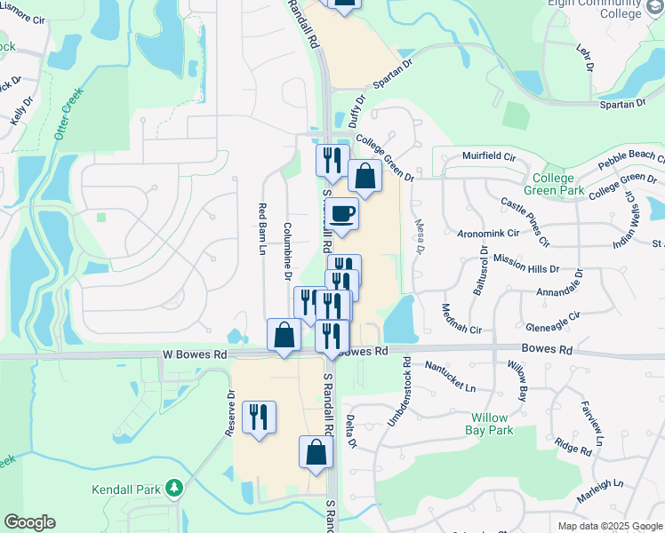 map of restaurants, bars, coffee shops, grocery stores, and more near 825 South Randall Road in Elgin
