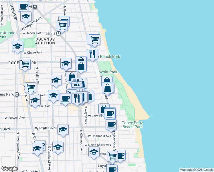 map of restaurants, bars, coffee shops, grocery stores, and more near 1230 West Greenleaf Avenue in Chicago