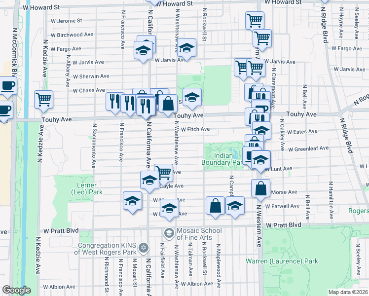 map of restaurants, bars, coffee shops, grocery stores, and more near 2643 West Estes Avenue in Chicago