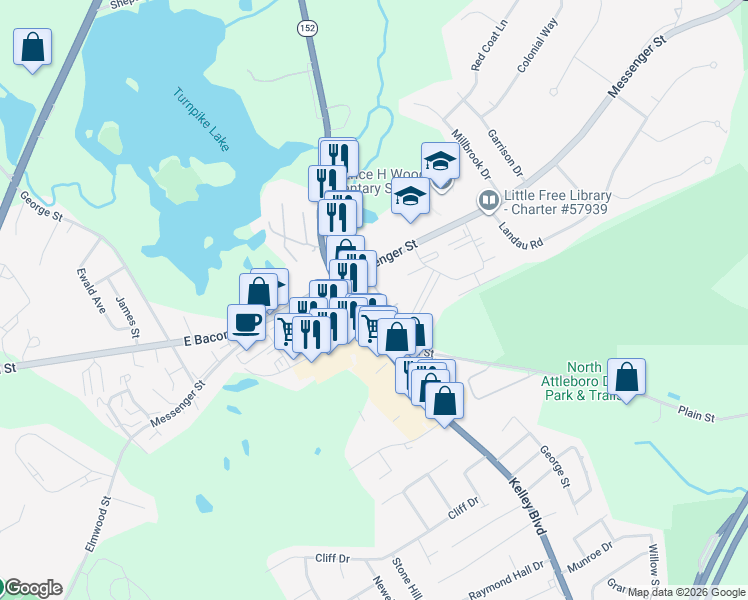 map of restaurants, bars, coffee shops, grocery stores, and more near 7 Taunton Street in Plainville