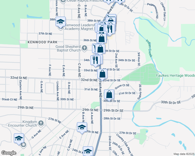 map of restaurants, bars, coffee shops, grocery stores, and more near 111 33rd Street Northeast in Cedar Rapids