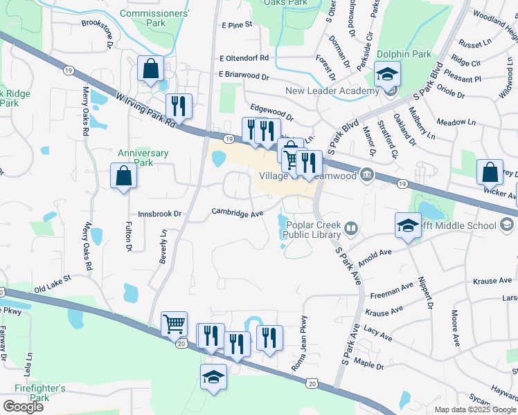 map of restaurants, bars, coffee shops, grocery stores, and more near 108 Cambridge Avenue in Streamwood