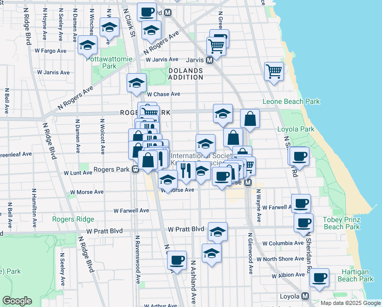 map of restaurants, bars, coffee shops, grocery stores, and more near 1600 West Greenleaf Avenue in Chicago