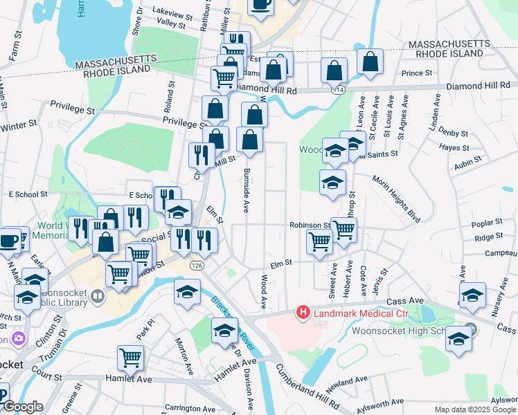 map of restaurants, bars, coffee shops, grocery stores, and more near 213 Burnside Avenue in Woonsocket