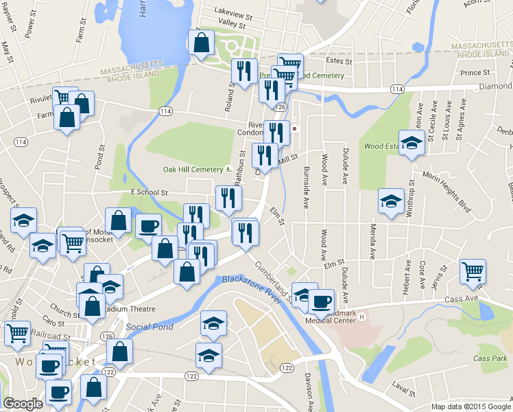 map of restaurants, bars, coffee shops, grocery stores, and more near 626 East School Street in Woonsocket