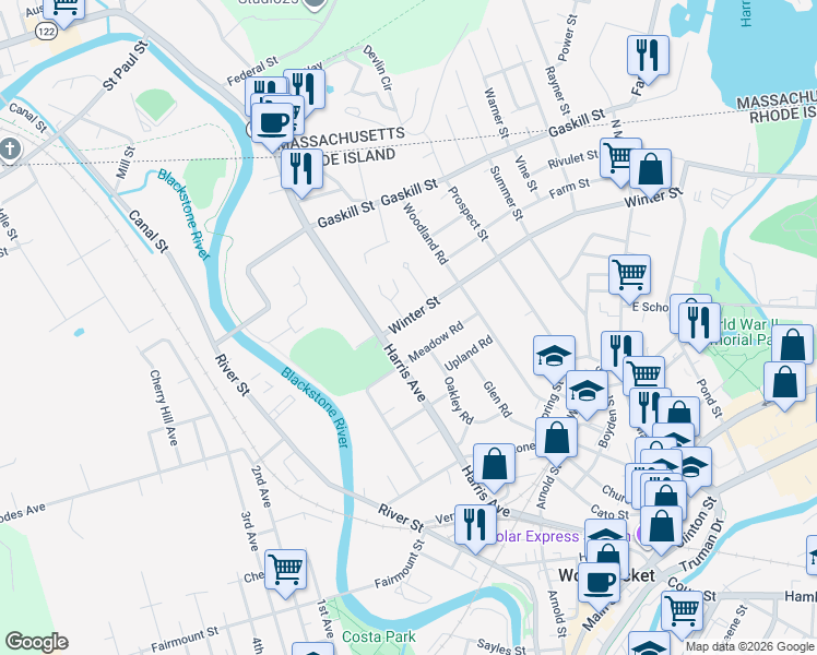map of restaurants, bars, coffee shops, grocery stores, and more near 43 Winter Court in Woonsocket