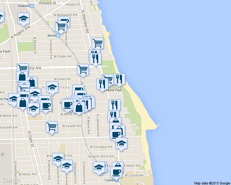 map of restaurants, bars, coffee shops, grocery stores, and more near 1230 West Greenleaf Avenue in Chicago