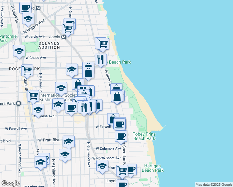 map of restaurants, bars, coffee shops, grocery stores, and more near 1230 West Greenleaf Avenue in Chicago