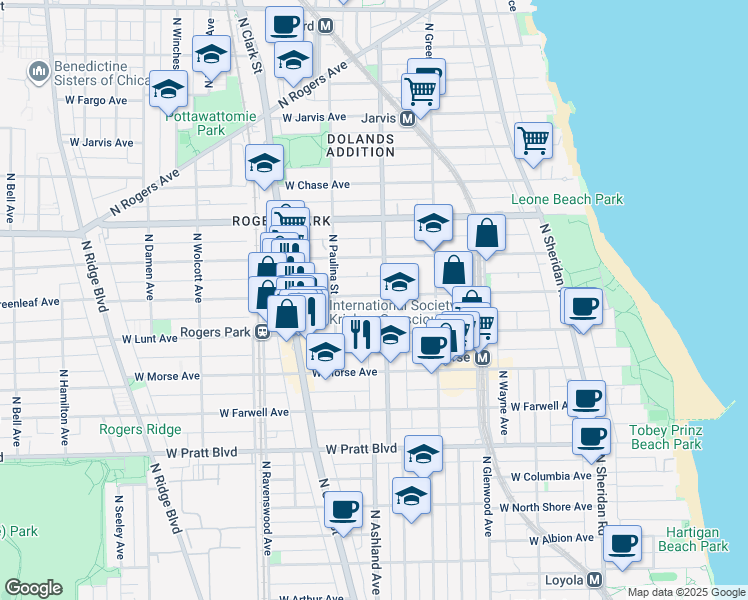 map of restaurants, bars, coffee shops, grocery stores, and more near 1600 West Greenleaf Avenue in Chicago