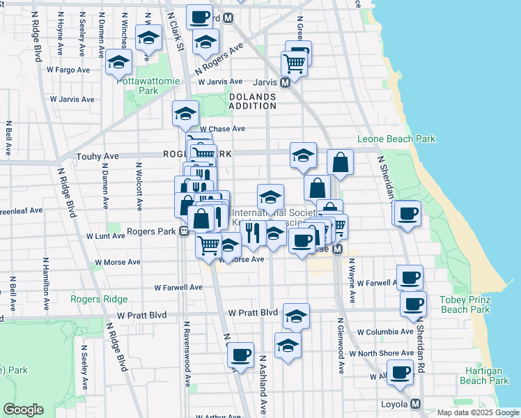 map of restaurants, bars, coffee shops, grocery stores, and more near 1600 West Greenleaf Avenue in Chicago