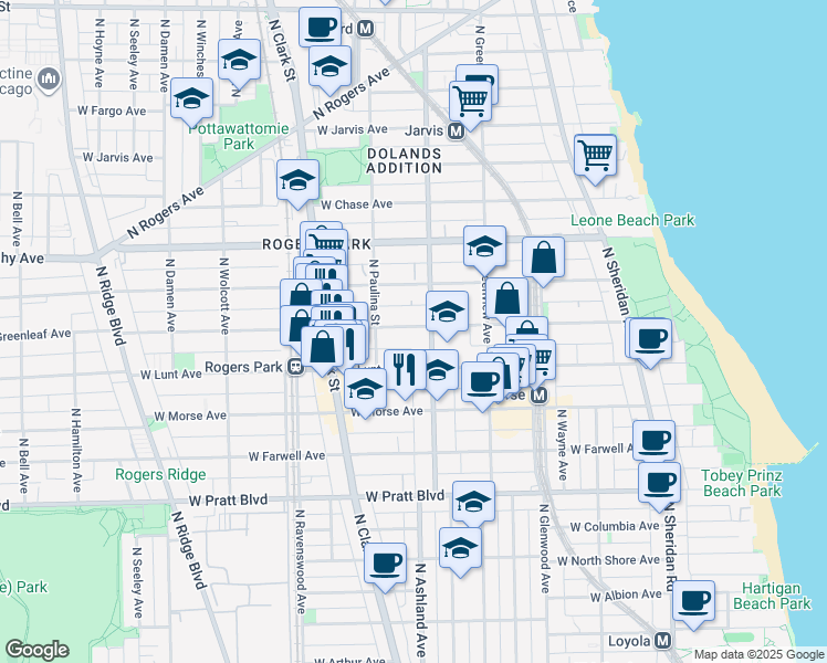 map of restaurants, bars, coffee shops, grocery stores, and more near 1600 West Greenleaf Avenue in Chicago