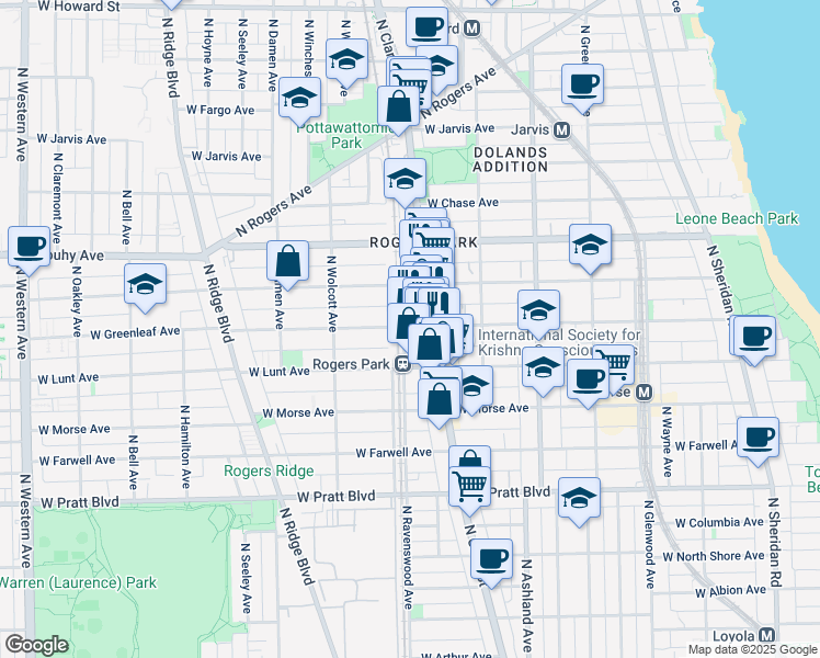 map of restaurants, bars, coffee shops, grocery stores, and more near 7051 North Ravenswood Avenue in Chicago