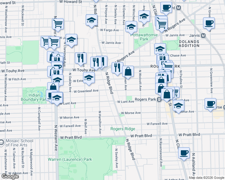 map of restaurants, bars, coffee shops, grocery stores, and more near 7054 North Ridge Boulevard in Chicago