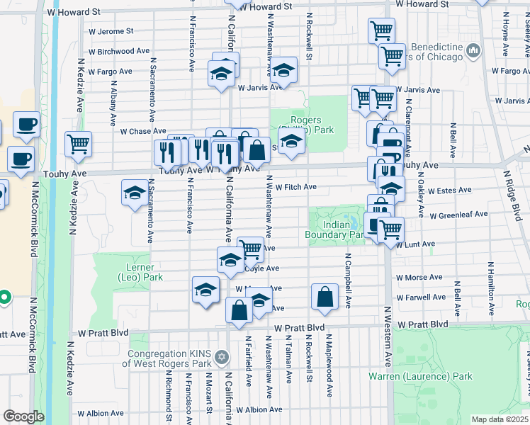map of restaurants, bars, coffee shops, grocery stores, and more near 7102 North Washtenaw Avenue in Chicago