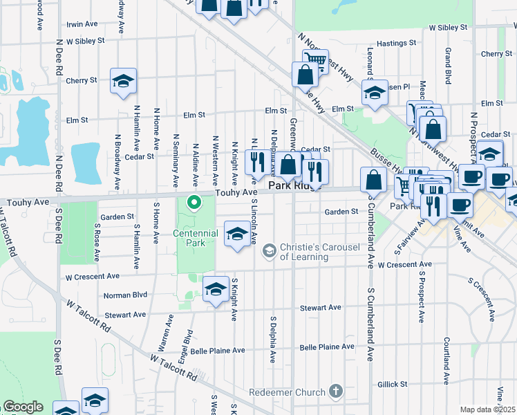 map of restaurants, bars, coffee shops, grocery stores, and more near 1333 West Touhy Avenue in Park Ridge