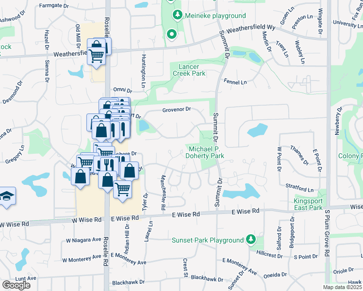map of restaurants, bars, coffee shops, grocery stores, and more near 225 Kingsport Drive in Schaumburg