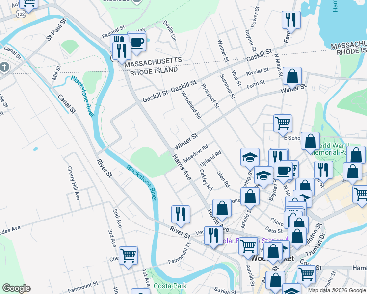 map of restaurants, bars, coffee shops, grocery stores, and more near 43 Winter Court in Woonsocket
