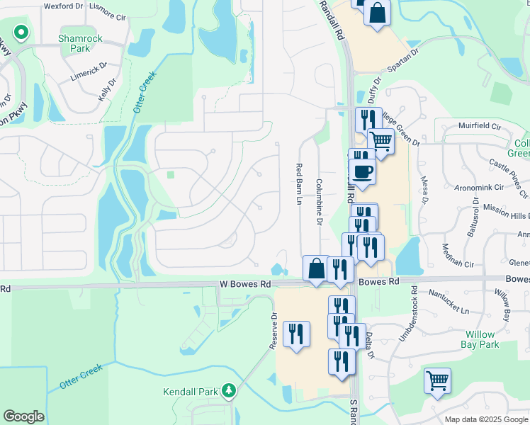 map of restaurants, bars, coffee shops, grocery stores, and more near 771 Turtle Point Court in Elgin