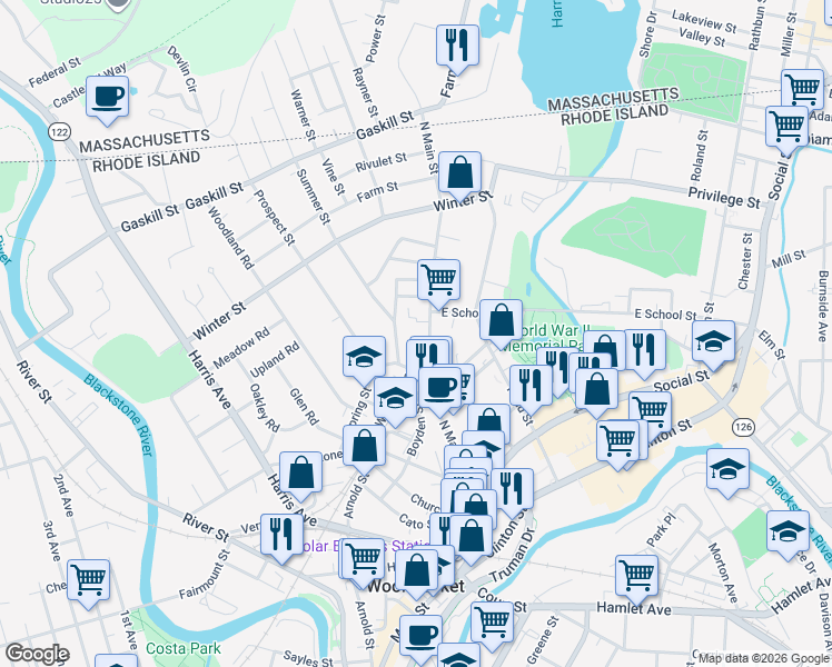 map of restaurants, bars, coffee shops, grocery stores, and more near 91 Summer Street in Woonsocket