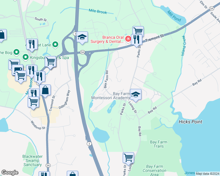 map of restaurants, bars, coffee shops, grocery stores, and more near 25 Bay Farm Road in Duxbury