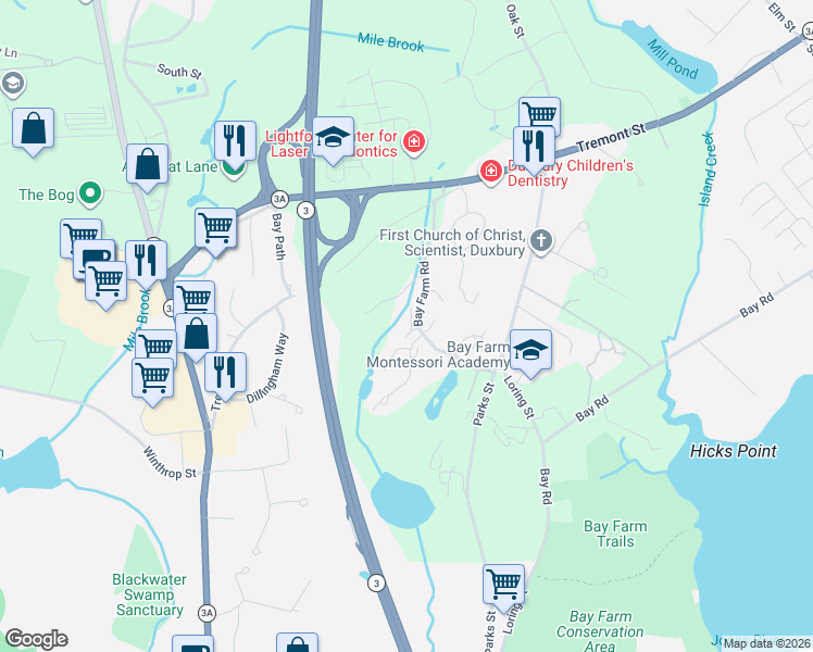 map of restaurants, bars, coffee shops, grocery stores, and more near 28 Bay Farm Road in Duxbury