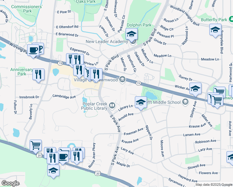 map of restaurants, bars, coffee shops, grocery stores, and more near 314 Brunswick Court in Streamwood