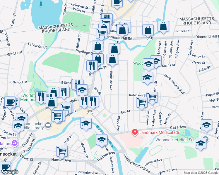 map of restaurants, bars, coffee shops, grocery stores, and more near 194 Burnside Avenue in Woonsocket