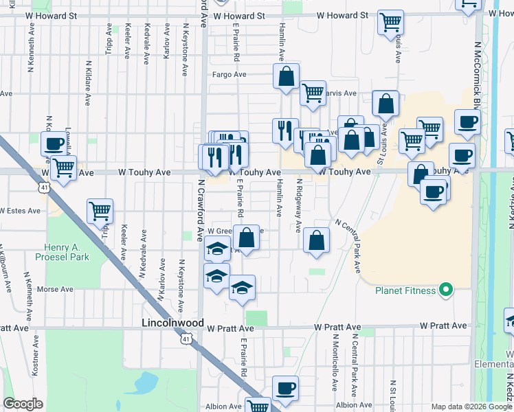 map of restaurants, bars, coffee shops, grocery stores, and more near 3836 West Estes Avenue in Lincolnwood