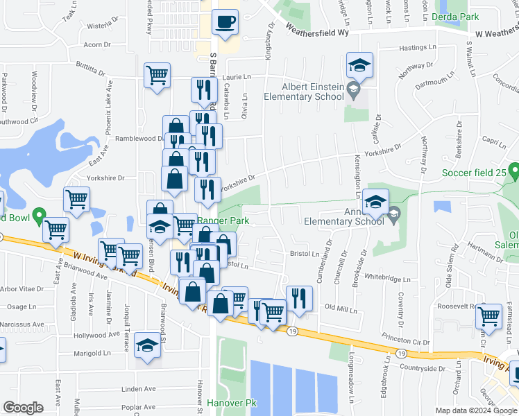 map of restaurants, bars, coffee shops, grocery stores, and more near 1317 Kingsbury Drive in Hanover Park