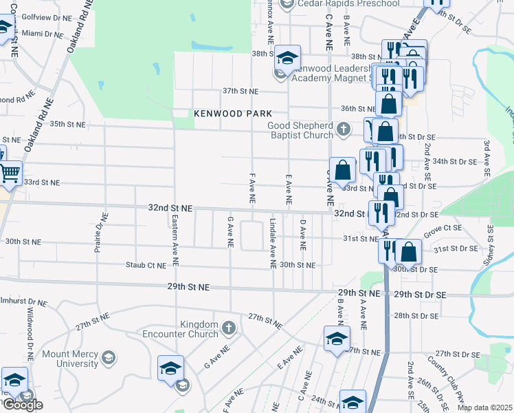 map of restaurants, bars, coffee shops, grocery stores, and more near 648 32nd Street Northeast in Cedar Rapids