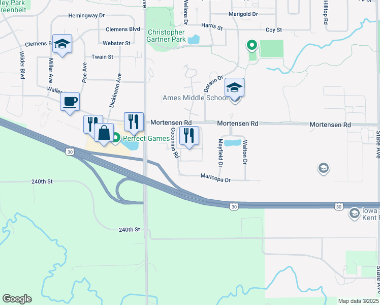 map of restaurants, bars, coffee shops, grocery stores, and more near 1400 Coconino Road in Ames