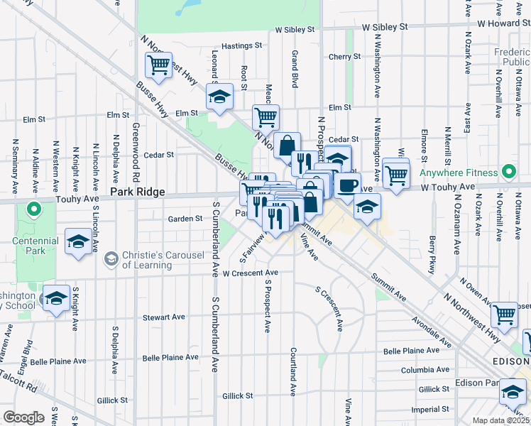 map of restaurants, bars, coffee shops, grocery stores, and more near 30 Main Street in Park Ridge
