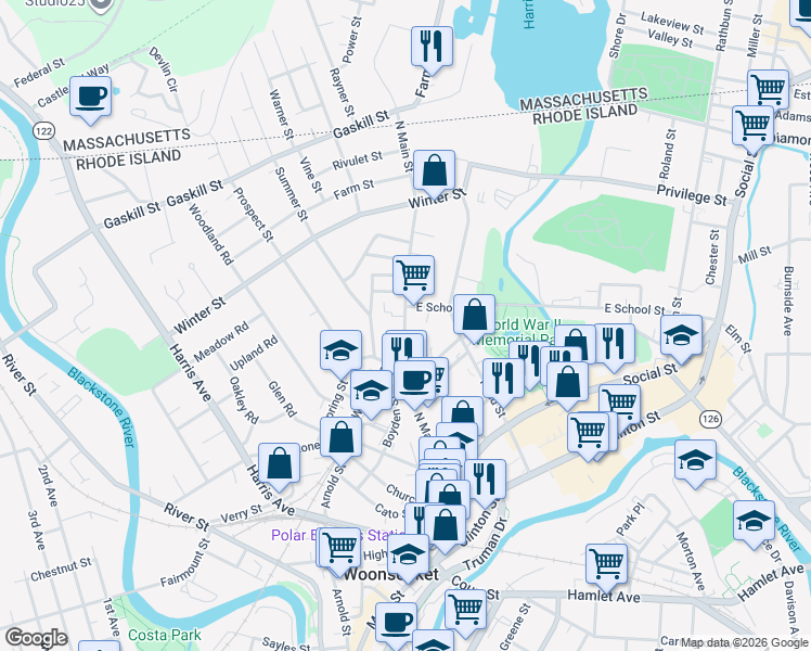 map of restaurants, bars, coffee shops, grocery stores, and more near 373 North Main Street in Woonsocket