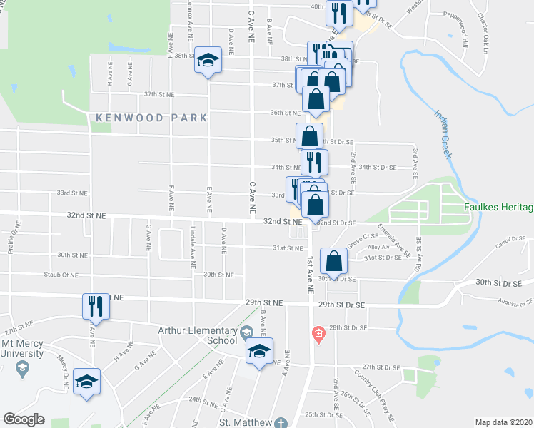 map of restaurants, bars, coffee shops, grocery stores, and more near 310 32nd Street Northeast in Cedar Rapids
