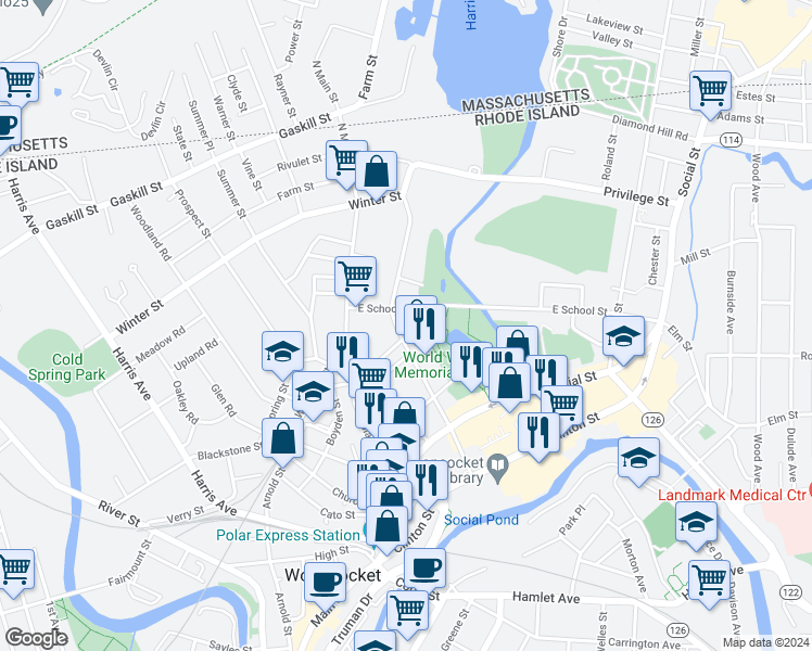 map of restaurants, bars, coffee shops, grocery stores, and more near 345 Pond Street in Woonsocket