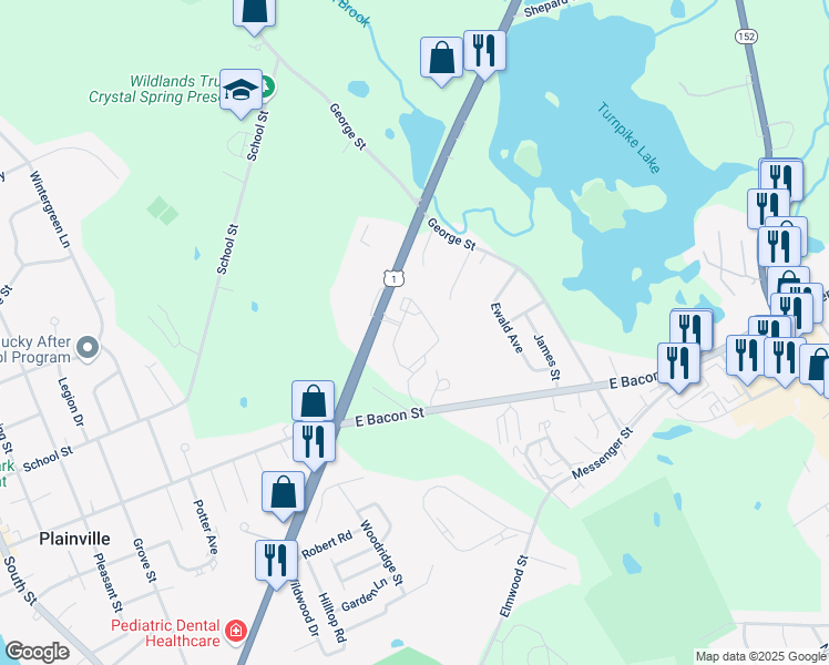 map of restaurants, bars, coffee shops, grocery stores, and more near 9 Highview Drive in Plainville