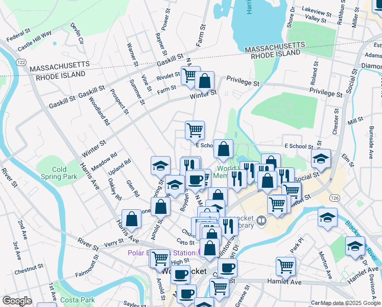 map of restaurants, bars, coffee shops, grocery stores, and more near 373 North Main Street in Woonsocket