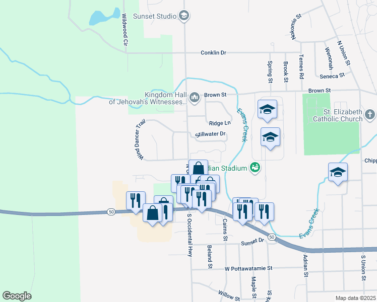 map of restaurants, bars, coffee shops, grocery stores, and more near 405 North Occidental Highway in Tecumseh